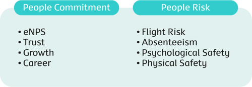Table showing eNPS, trust, growt and career under the heading people commitment and flight risk, absenteeism, psychological and physical safety under the heading people risk.