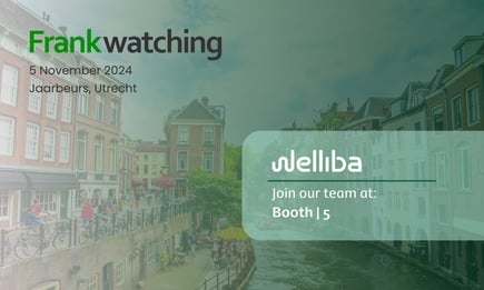 Promotional graphic for Frankwatching event on 5 November 2024 at Jaarbeurs, Utrecht. The image shows a scenic canal in Utrecht with historic buildings and pedestrians. The text includes Welliba's logo and a message: 'Join our team at Booth 5.' The graphic is designed to invite attendees to visit Welliba's booth at the event.