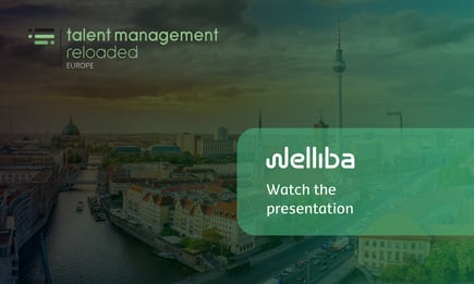 An aerial view of Berlin with a river running through the city, featuring the iconic Berlin TV Tower in the background. Overlaid on the image is the branding for 'Talent Management Reloaded Europe' in the top-left corner. In the bottom-right corner, the Welliba logo is displayed with the text 'Watch the presentation' beneath it, all set against a translucent green background