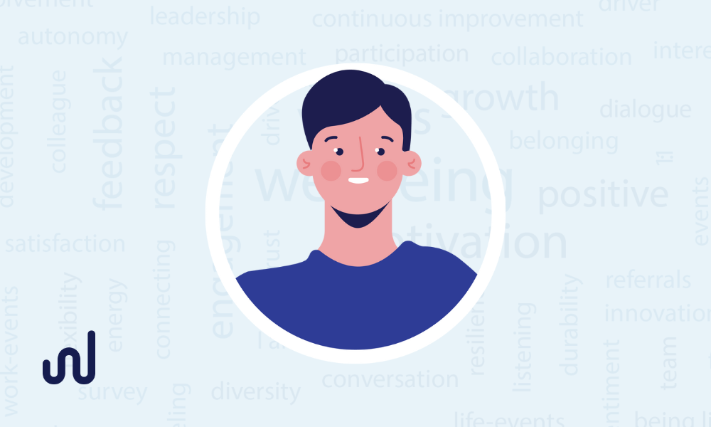 The image features an illustrated avatar of a smiling man with short, dark hair and a beard, wearing a blue shirt. The background contains a light blue, word cloud-style design with various terms related to workplace culture, such as 