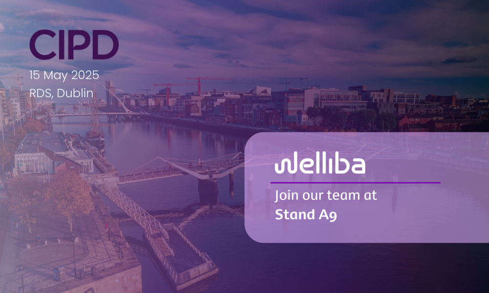 Banner image for Welliba's presence at the CIPD Annual Conference Ireland 2025, featuring a view of Dublin's River Liffey with the message: