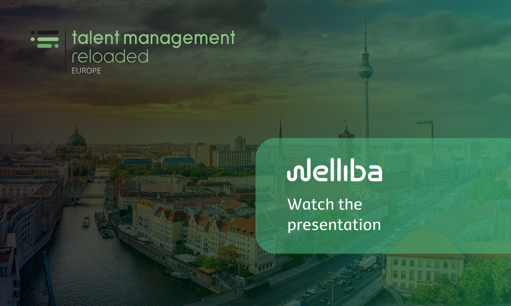 An aerial view of Berlin with a river running through the city, featuring the iconic Berlin TV Tower in the background. Overlaid on the image is the branding for 'Talent Management Reloaded Europe' in the top-left corner. In the bottom-right corner, the Welliba logo is displayed with the text 'Watch the presentation' beneath it, all set against a translucent green background